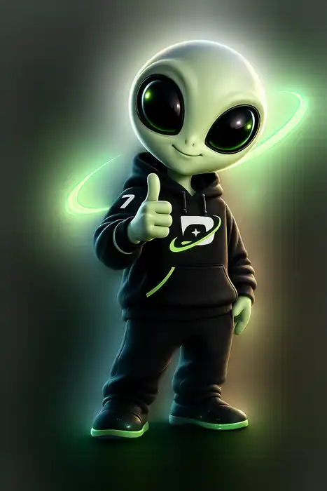 Zero, mascote alienígena da Próxima Era, usando moletom da marca e fazendo sinal positivo